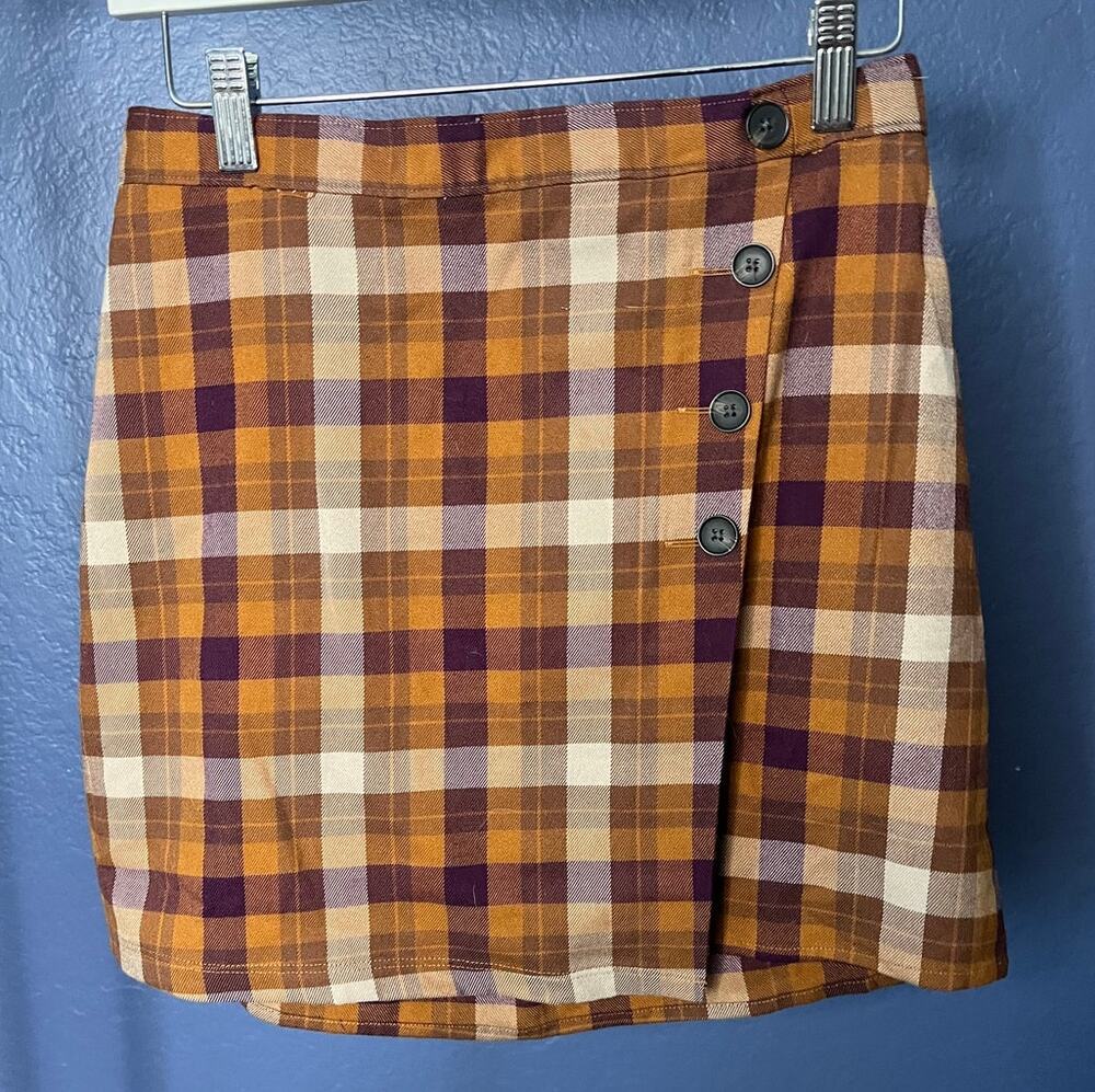 SO Plaid Mini Skirt Purple Orange Button Front Wrap Style elastic waist 7 NWOT
